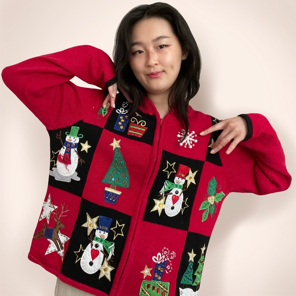 Vintage ugly xmas sweater with sequined snowmen, snowflakes, trees, reindeer, &
